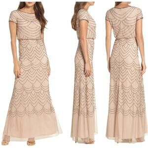 Adrianna Papell Beaded Mesh Blouson Gown Art Deco Cap Sleeve Light Nude Silver 2